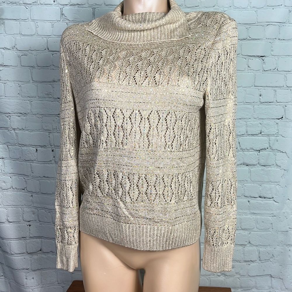 St. John Knit Cowl Neck Sweater Embellished w Iridescent Paillettes Gold Small